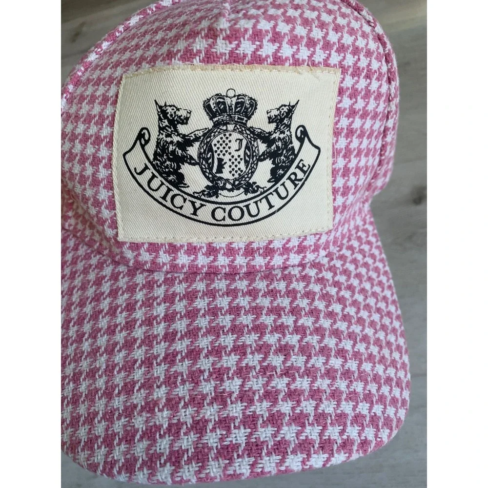 Juicy‎ Couture Pink Houndstooth Baseball Cap Logo Crest Hat Adjustable Y2K Style